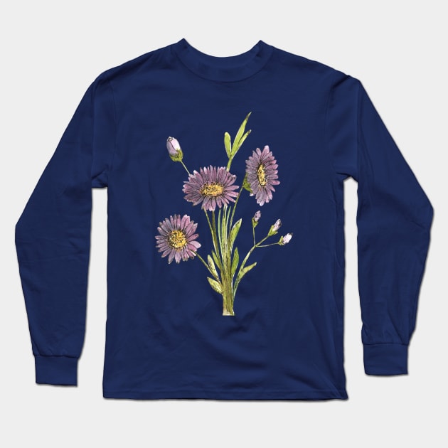 Purple Aster Flowers Watercolor Painting Long Sleeve T-Shirt by Ratna Arts